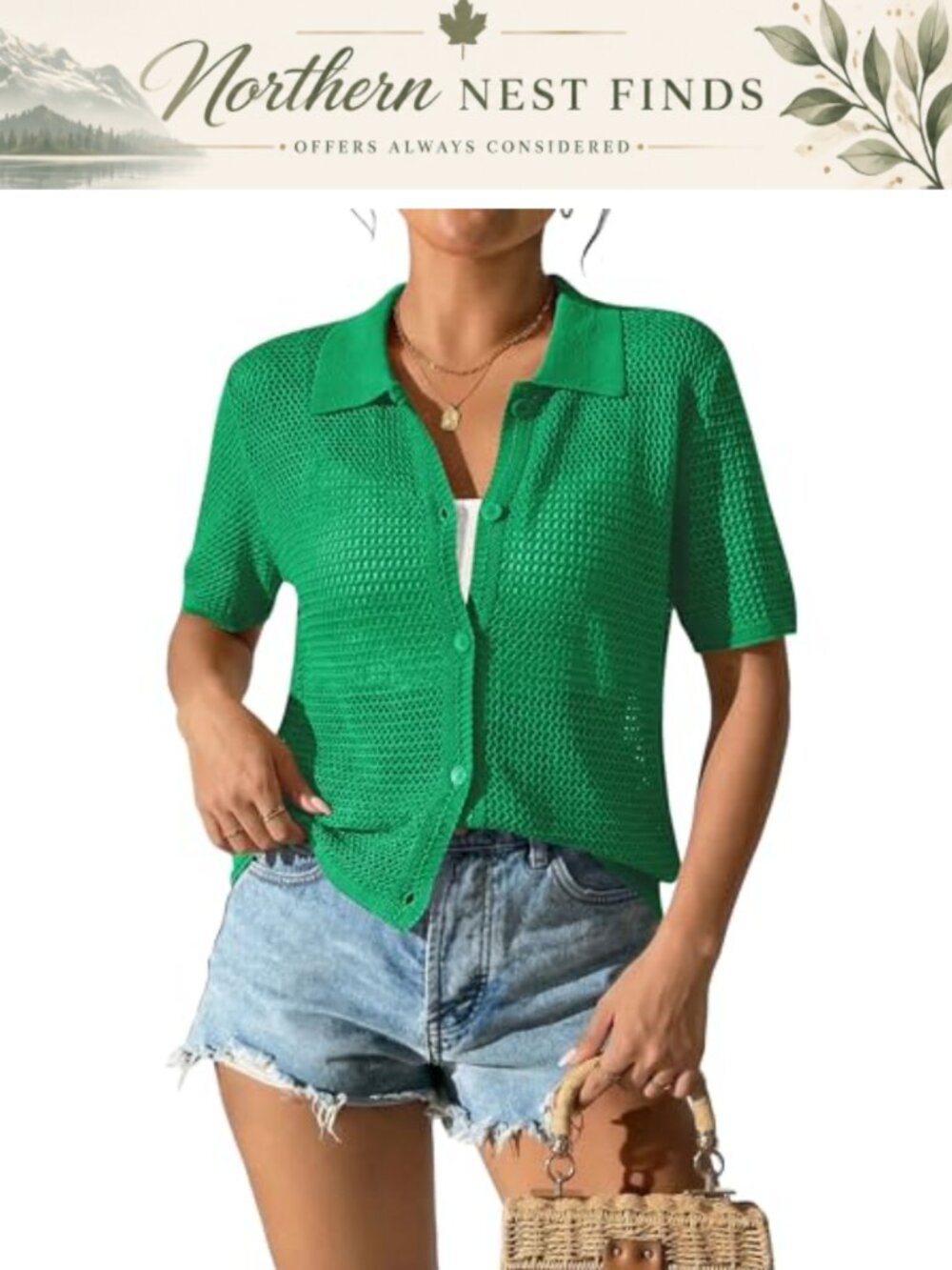Women Hollow Out Cardigan Collared Short Sleeve Button Down Sweater